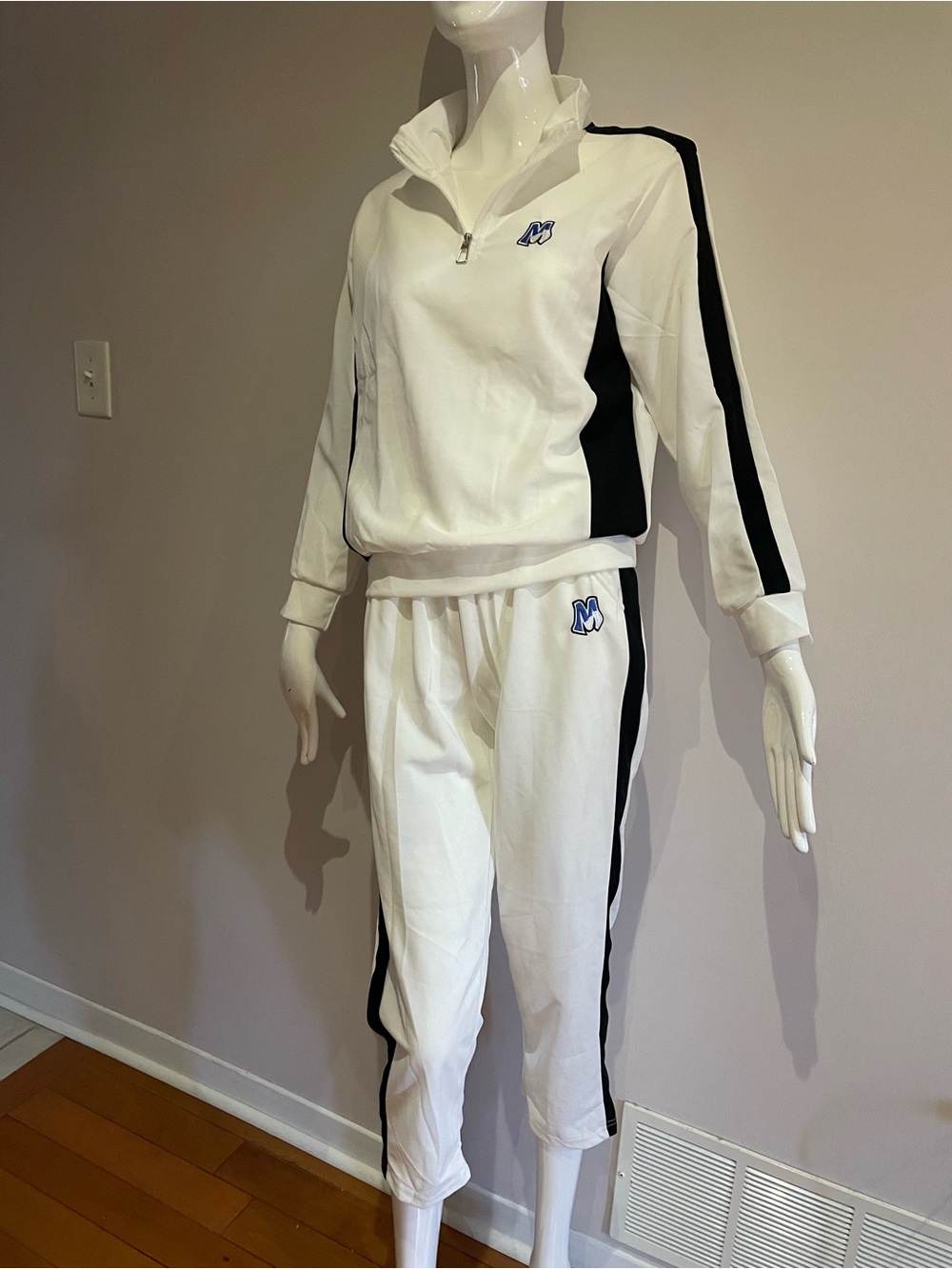 White & Black Women's Track Jumpsuit with M Logo